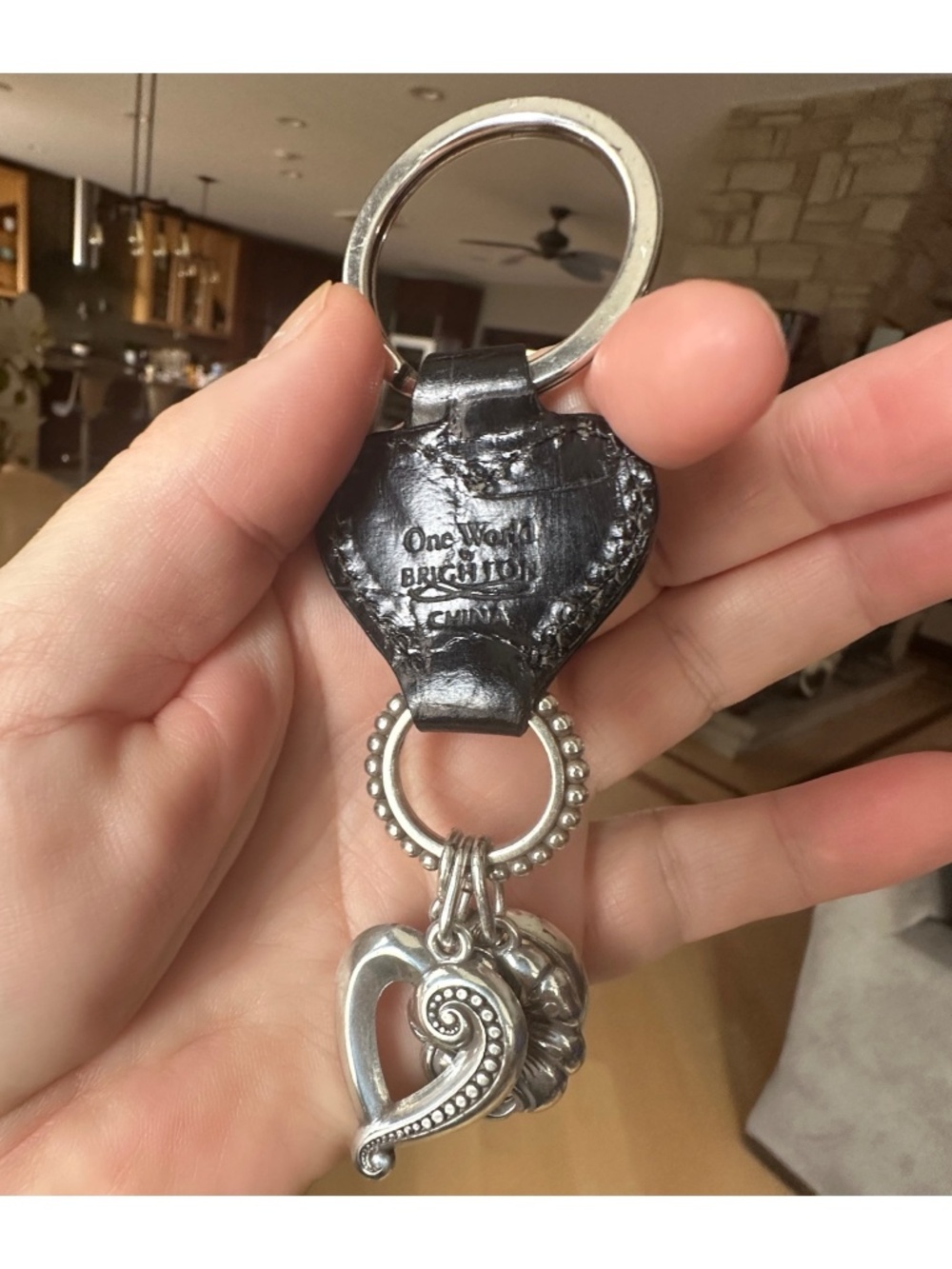 BRIGHTON WATER Silver-tone Black Leather Keychain Handbag Charm 5”